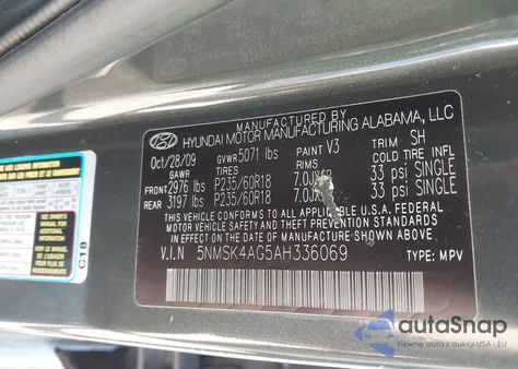 2010 Hyundai Santa Fe Limited V6 from USA, damaged, VIN 5NMSK4AG5AH336069